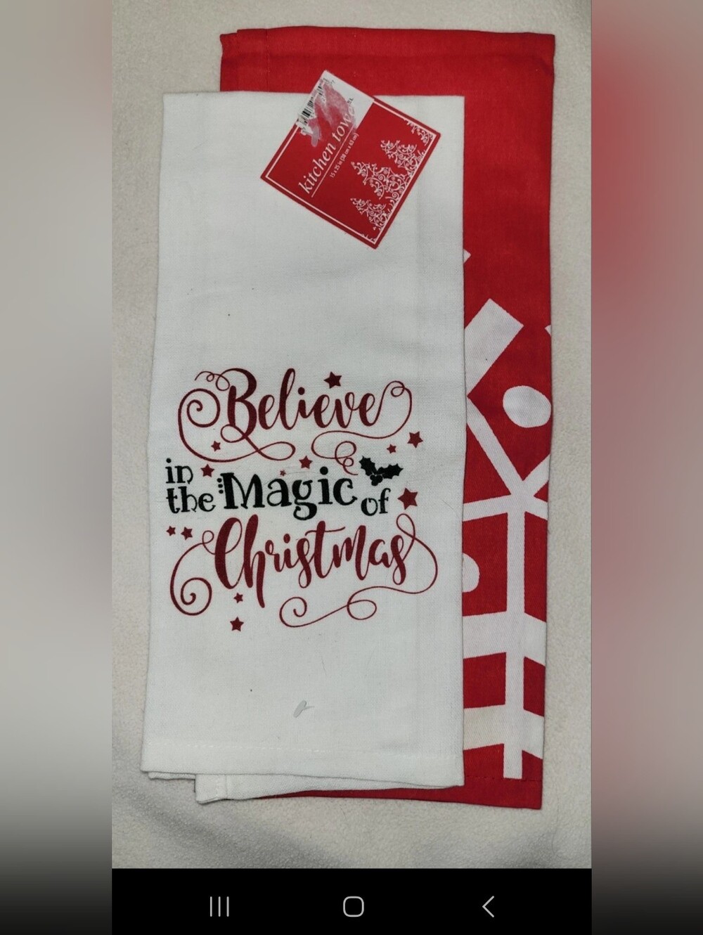 "Believe in the Magic of Christmas" Red & White Holiday Tea Towels 100% Cotton